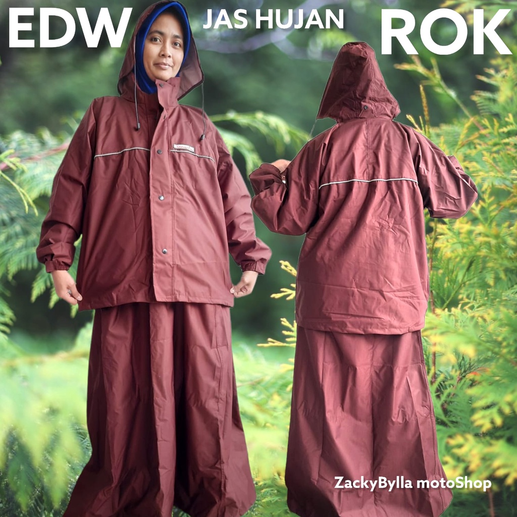 Jas Hujan Rok Wanita Edelweiss Bahan Taslan Balon Waterproof Bahan Efek Daun Talas