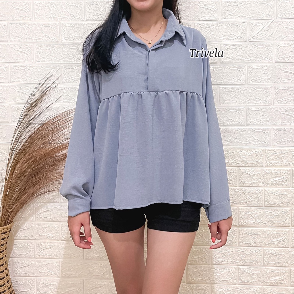 TRIVELA - Blouse Kerja Korean - Kemeja Flowy Adem Wanita - Kemeja Oversized Wanita - Longshirt 9901 - Callista SJJ