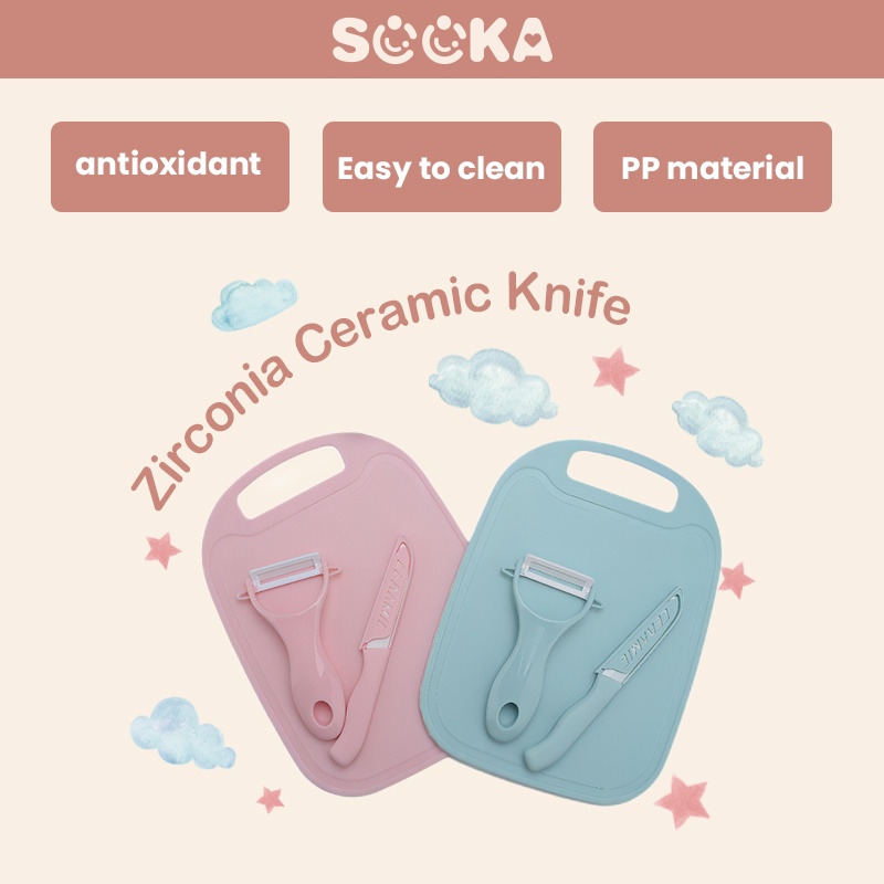 SOOKA Pisau Dapur Keramik Set 3in1(Pisau,Peeler) + Talenan Bahan PP Mudah Dibersihkan SK-ECA1098