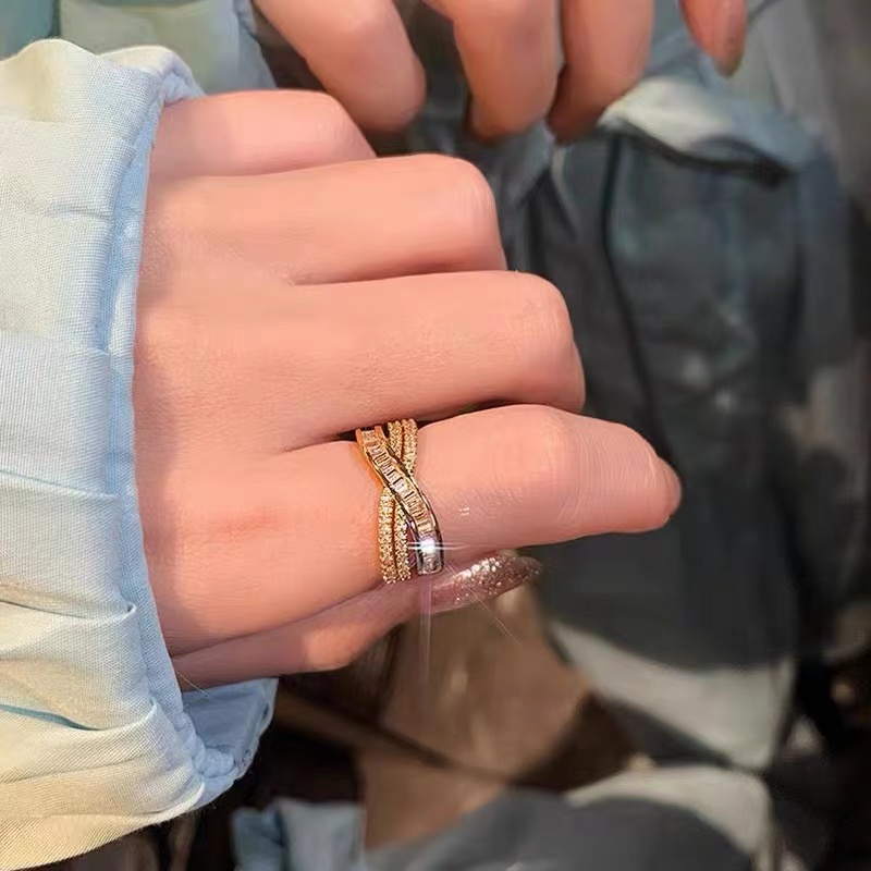 Cincin Model Terbuka Desain Silang Hias Zircon Gaya Simpleunik Untuk Wanita