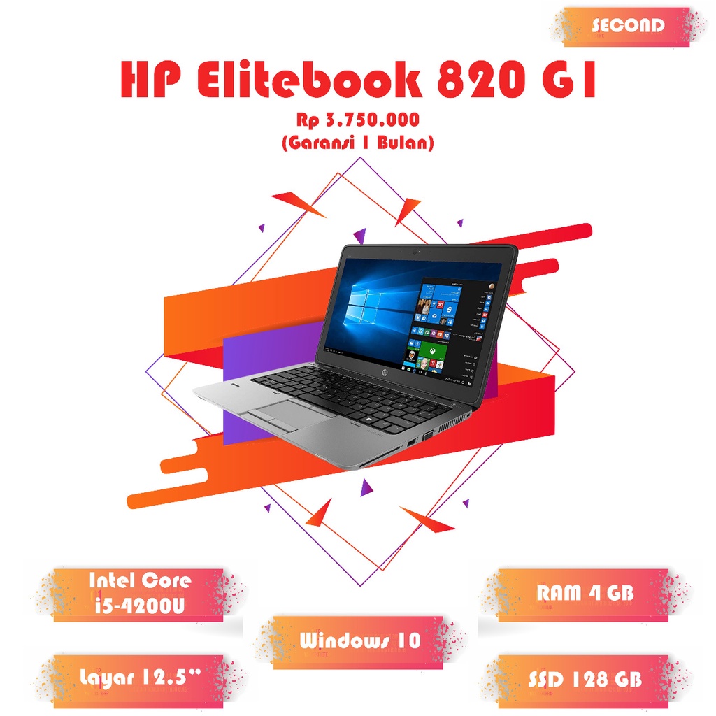 Laptop HP Elitebook 820 G1 Core i5 RAM 4GB SSD 128GB 12.5" Windows 10 Siap Pakai