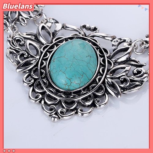 Set Perhiasan Kalung Anting Model Hollow Oval Turquoise Gaya Tibet Untuk Wanita