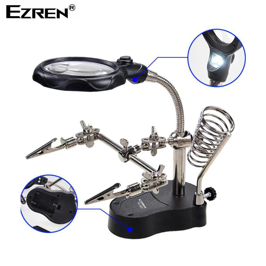 Ezren TE-801 Kaca Pembesar Penjepit PCB + Lampu Holder 3.5x 12x AAA