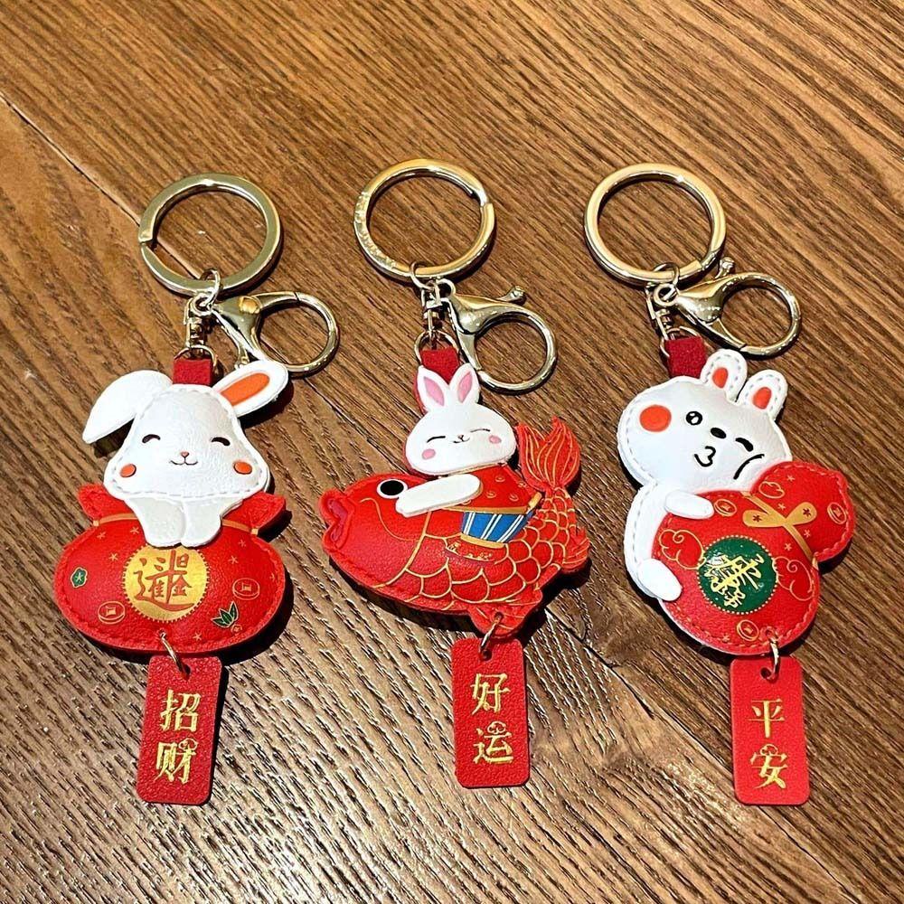 Lanfy Gantungan Kunci Imlek Warna Merah Hadiah Tahun Baru Hadiah Anak Karakter Cina Rabbit Key Pendant