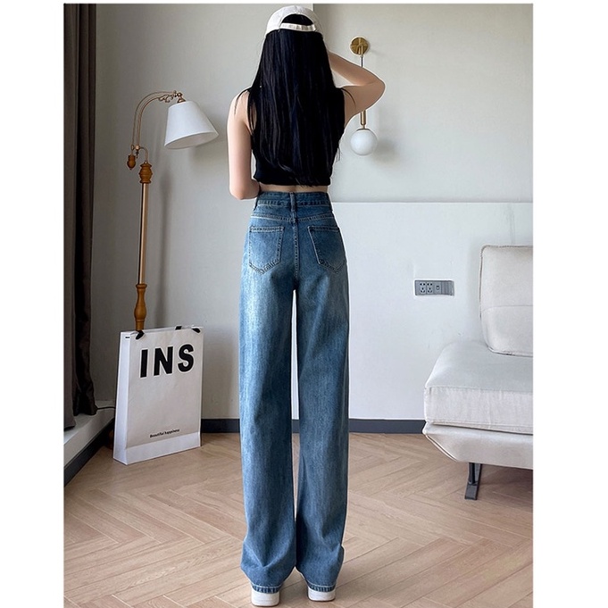 Biru Retro Hight Waist Kulot Celana Jeans Wanita Korea