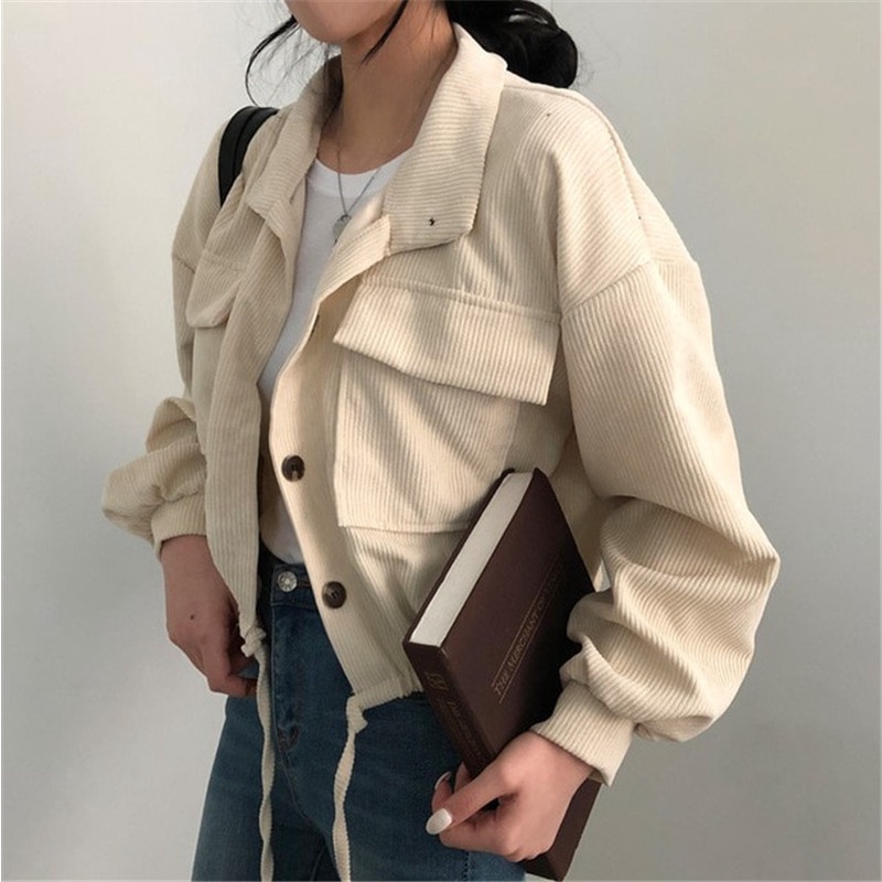 [3 color]Korean Style Jaket Korduroi Wanita Vintage Oversize Lengan Panjang Warna Solid Atasan Kekinian Corduroy Crop Kasual Jaket