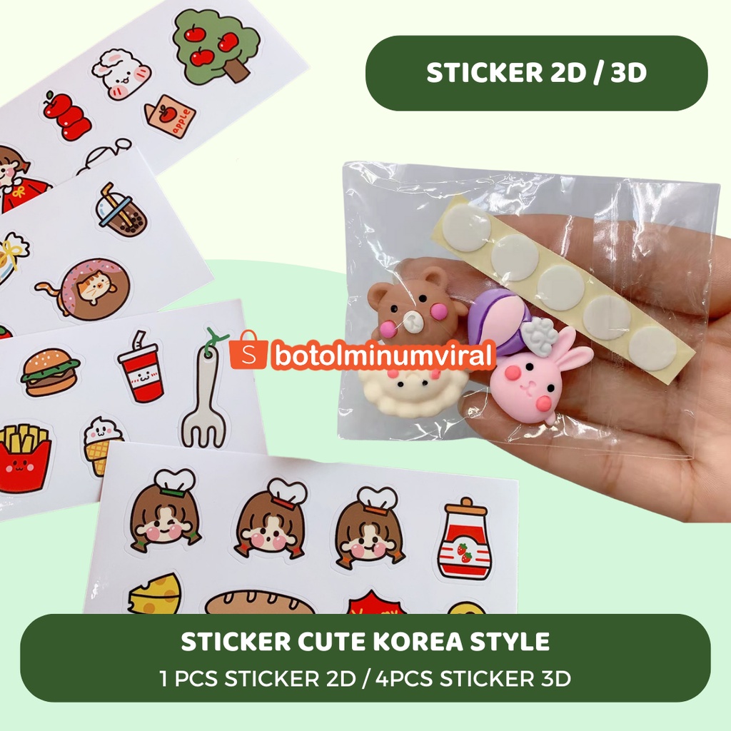 Sticker 3D 2D Lucu Aesthetic Korea Bisa Untuk Botol Minum Sandal Komputer Buku