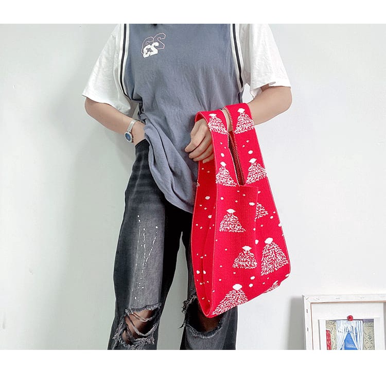 ❀ Chingu ❀ TW002 Tas Bene Korean Knitted Checkered Tote Bag Tas Rajut Pohon Natal Christmas Totebag Buffollow Vacay Viral Bangkok Import