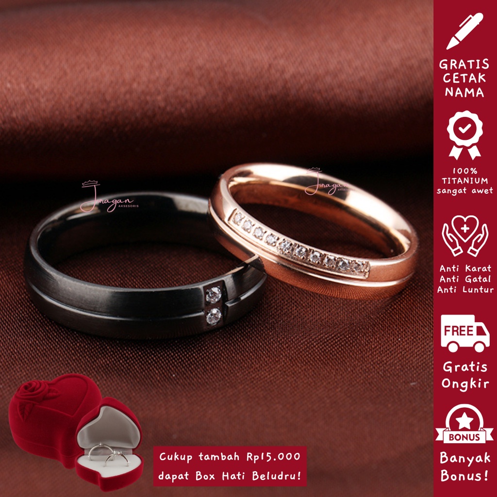 AILOVIU Cincin Couple Romantis R67 Titanium Ukir Nama Black Hitam Rosegold Unik Pria Wanita Tunangan Paladium Stainless Steel
