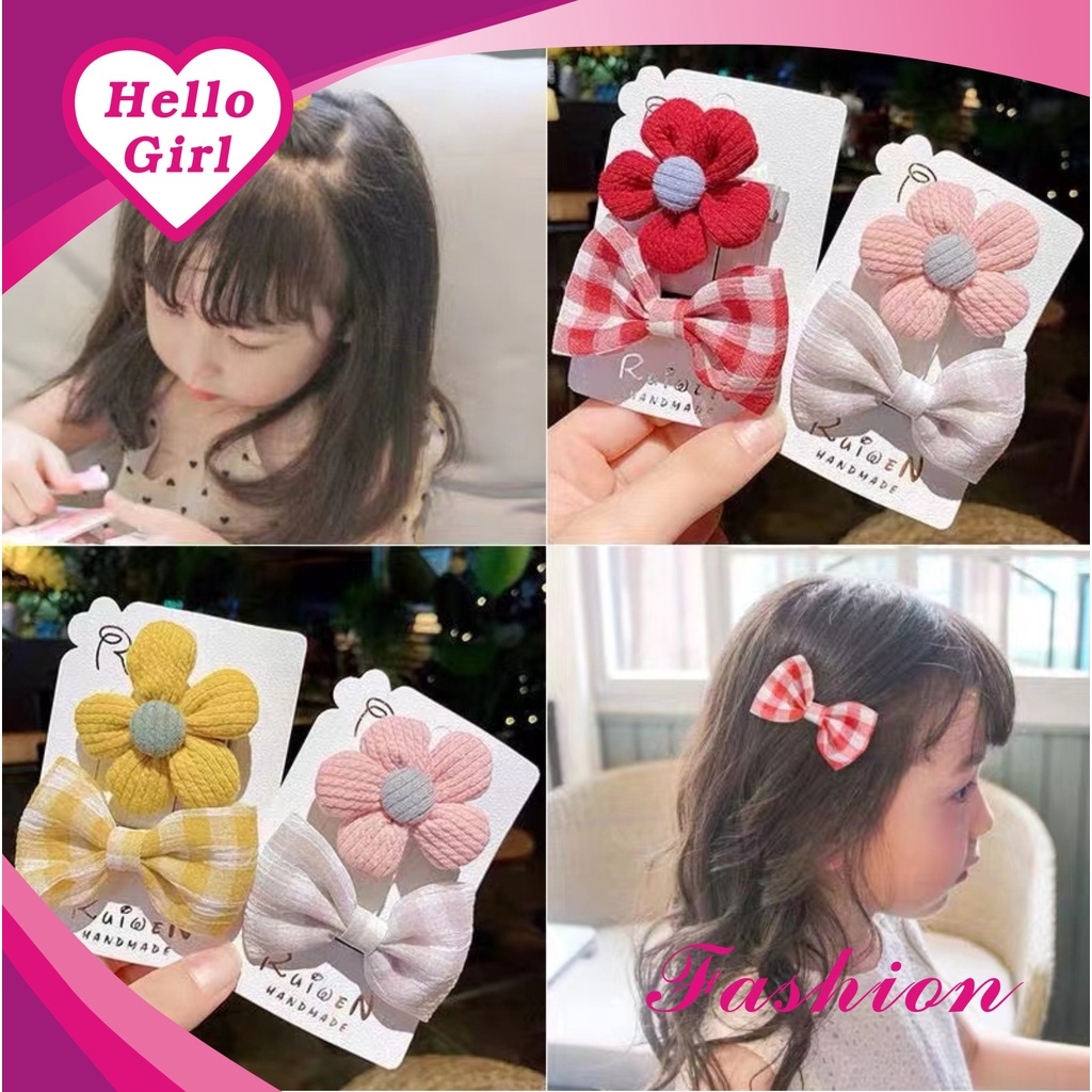 (Hello Girl) F91 Jepit Rambut Set 2Pcs Karakter Pita Bunga Anak Perempuan Lucu Jepitan Cewek Korea