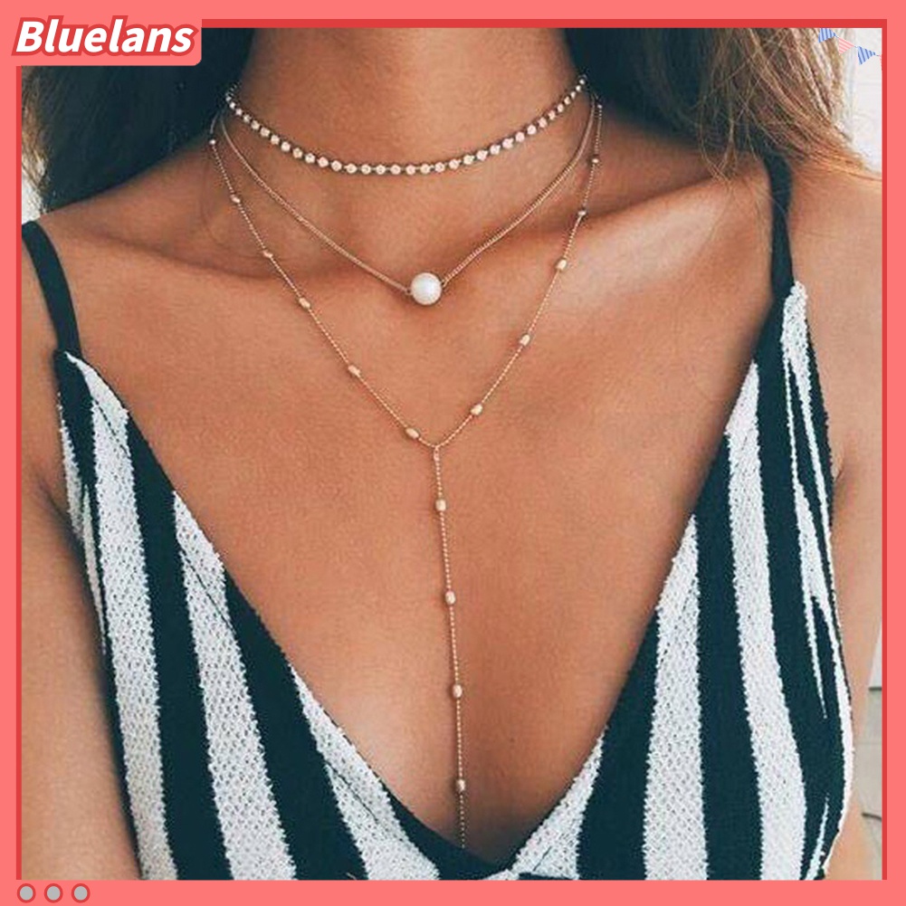 Kalung Choker Rantai Multilayer Hias Mutiara Berlian Imitasi Untuk Wanita