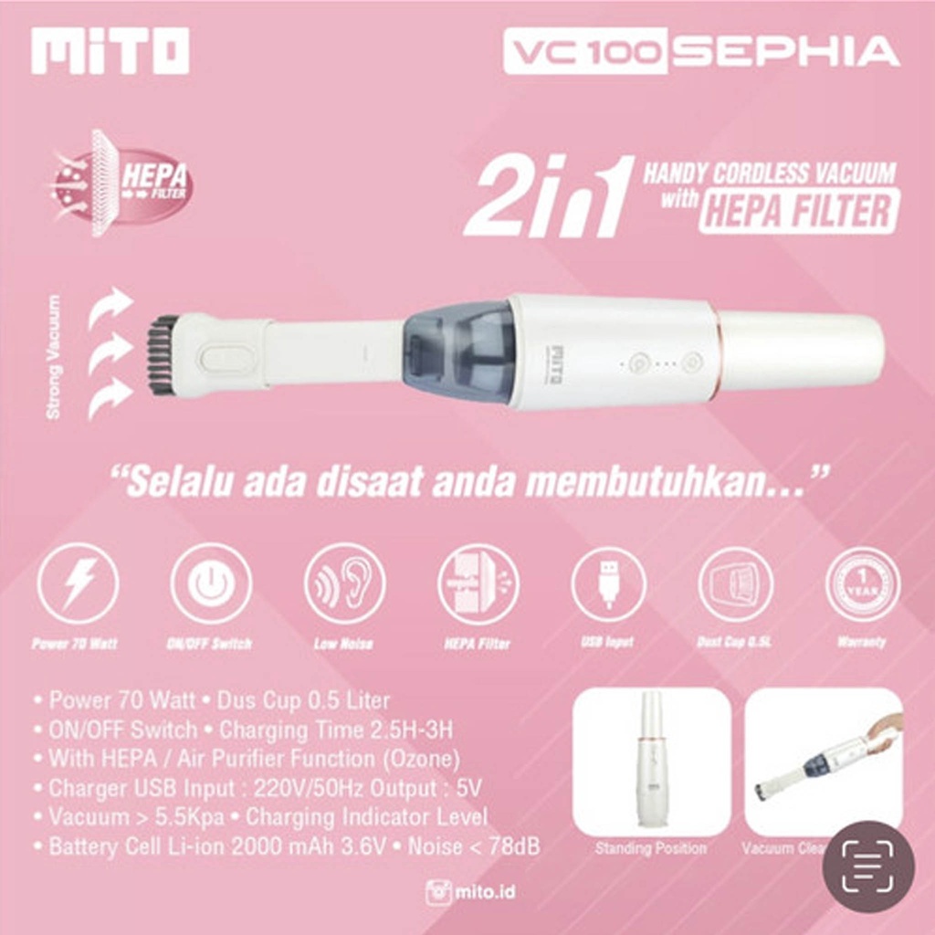 VACUUM CLEANER MITO VC-100 / VC100 SEPHIA 2 IN 1 CORDLESS HEPA FILTER GARANSI RESMI