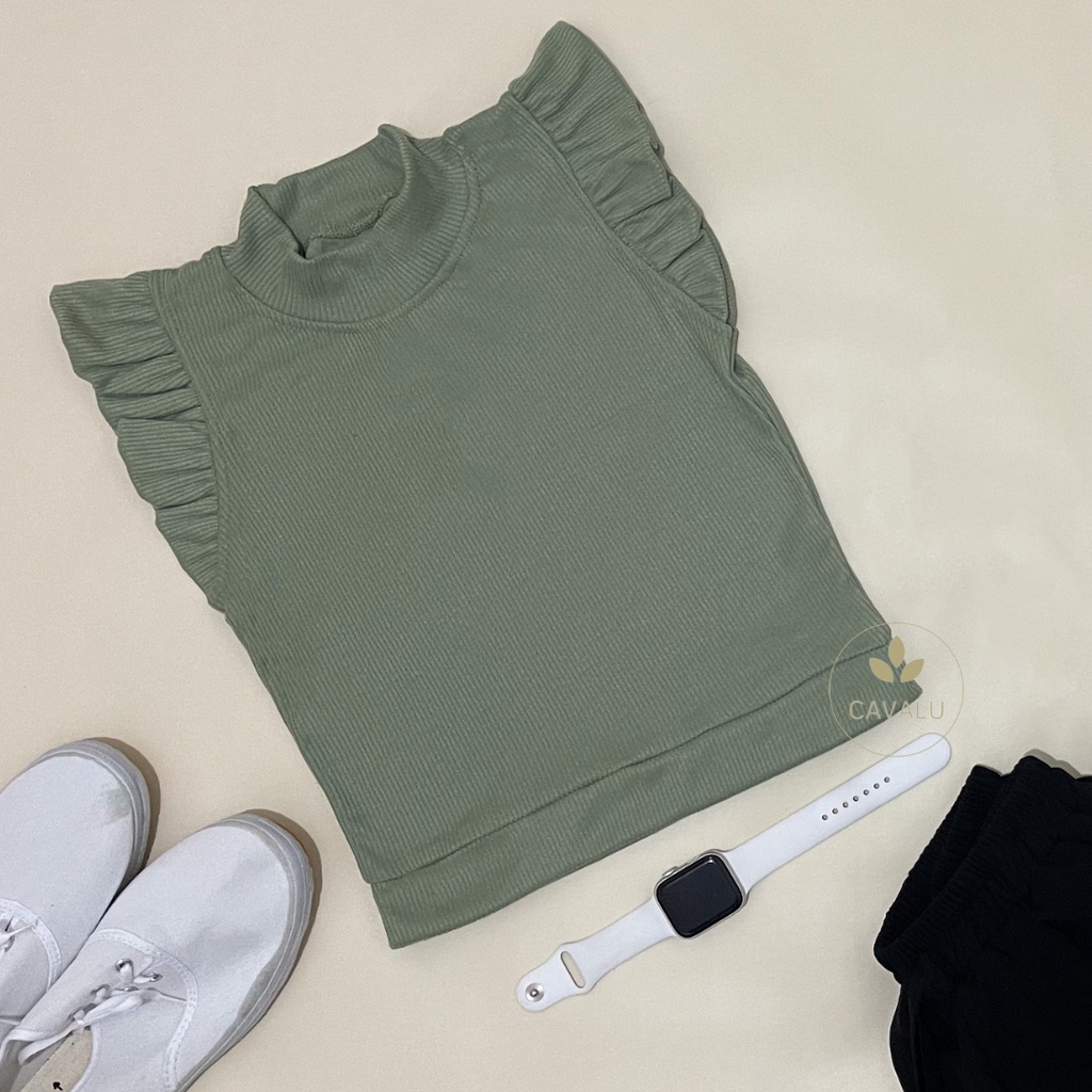 CAVALU Kaos Wanita Crop Top Korea Lengan Remple Korean Crop Tee Casual T-Shirt Baju Atasan Wanita 204