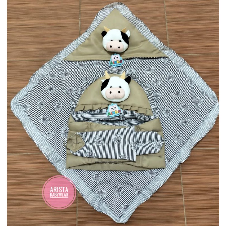 SET 2in1 selimut+gendongan bayi katun twill kepala boneka sapi