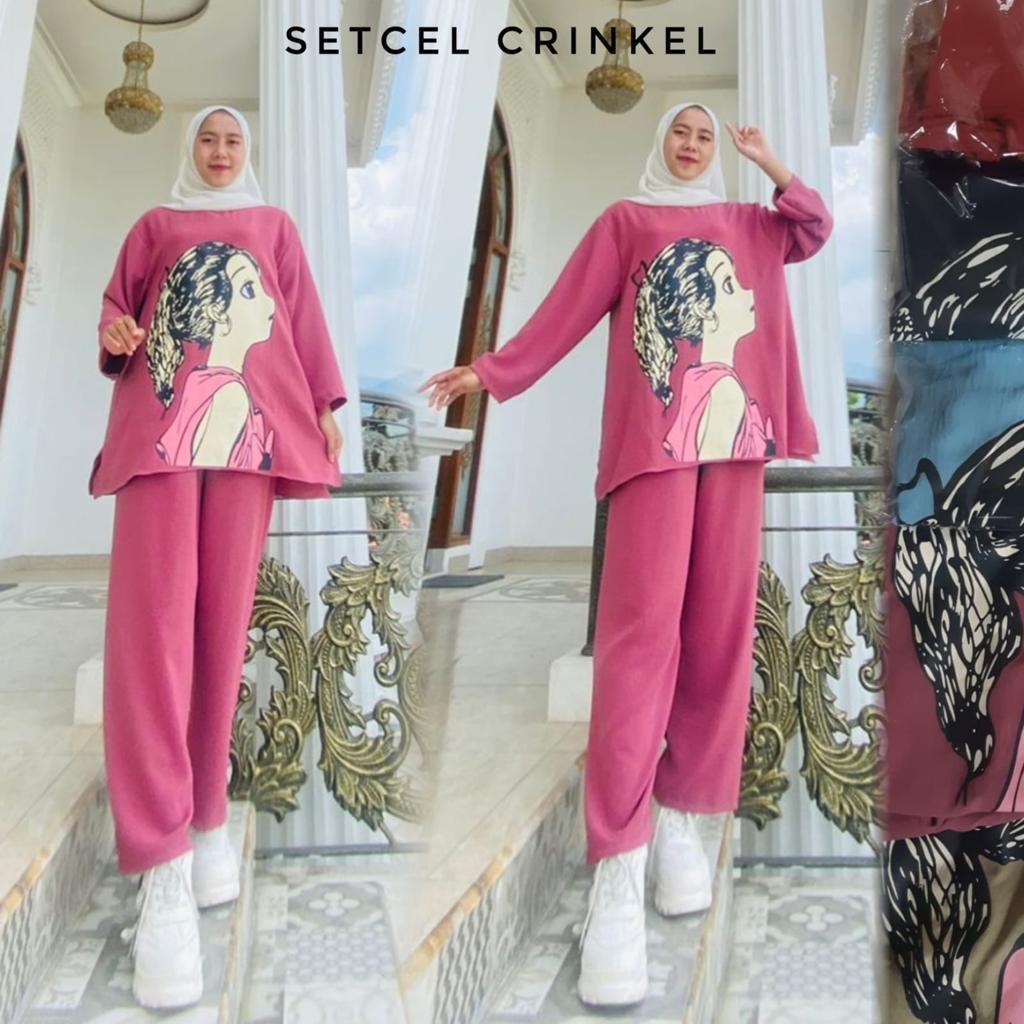 DONITA One Set Sablon Crinkle Airflow Terbaru/Setelan Blouse Celana Crinkle Sablon Premium/One Set C