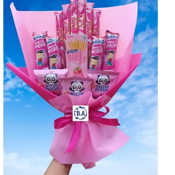 

Grosiran Murah (S) BUKET PINK CANTIK POCKY TANGO/Anniversary/bingkisan Snack Ulang Tahun/Ultah/Wisuda !!!