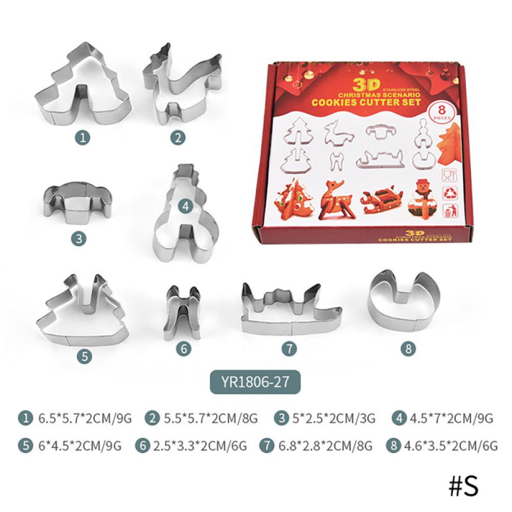 Timekey 8pcs / Set Cetakan Pemotong Biskuit / Cookies Bentuk Snowman / Pohon Natal 3D Bahan Stainless Steel O4V5