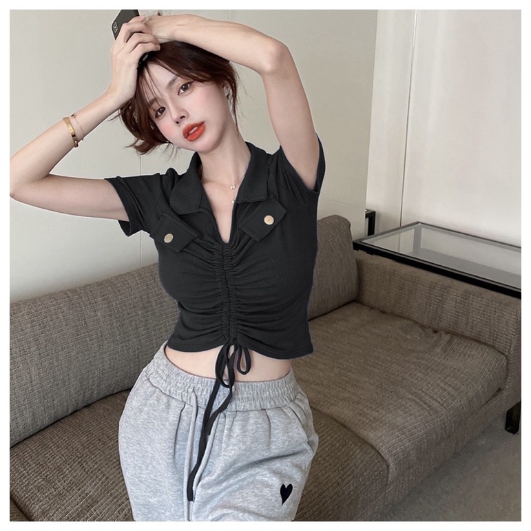 KOREAN KNITT TOP MODEL KERUT TALI VARIASI KANCING IMPORT (BJCN830)
