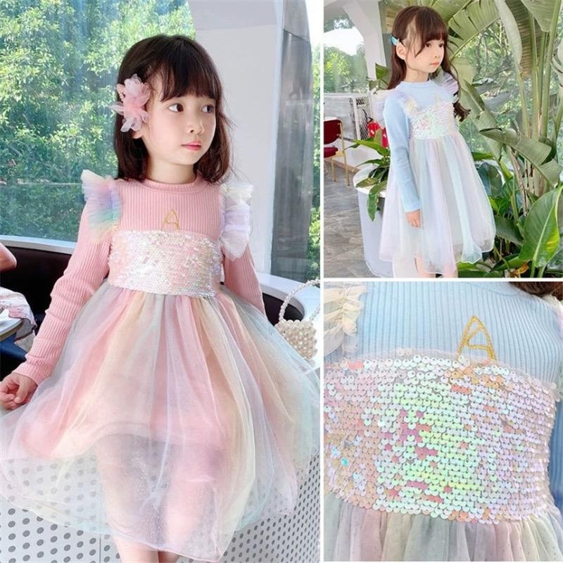 Dress Gaun Anak Lengan Panjang Unicorn Rainbow Glitter Sequin