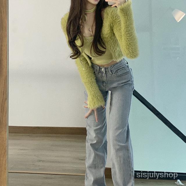 Satu potong jas pasang retro gaya Barat mengurangi usia putih mustard hijau berbulu mink sling cardi