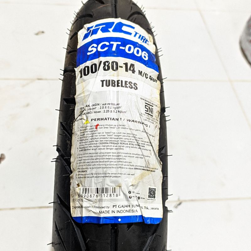 BAN LUAR IRC TUBELESS 100/80-14 SCT-006 SEPEDA MOTOR