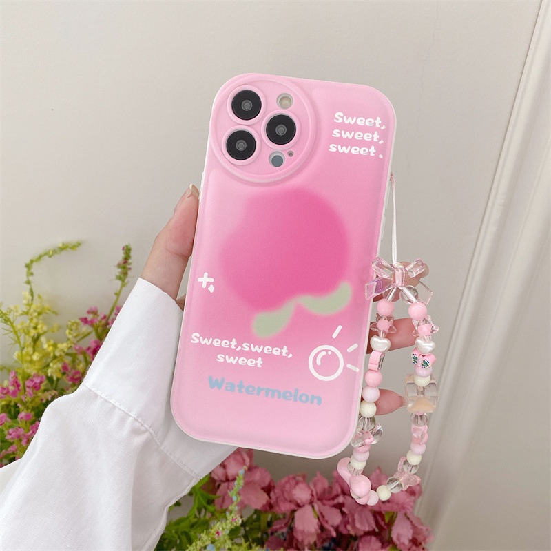 Case Pelindung Lensa Kamera Warna Pink Peach Dengan Rantai Manik-Manik Untuk Iphone 7 8 PLUS X XR XS 11 12 13 14 PRO MAX SE