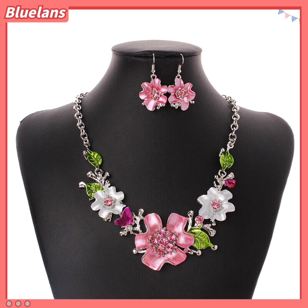Bluelans Set Anting Dan Kalung Liontin Bunga Berlian Imitasi Warna-Warni Untuk Wanita
