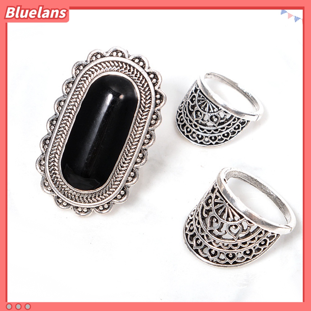 Bluelans 3Pcs Vintage Hollow Out Women Finger Ring Set Gift Rhinestone Party Jewelry