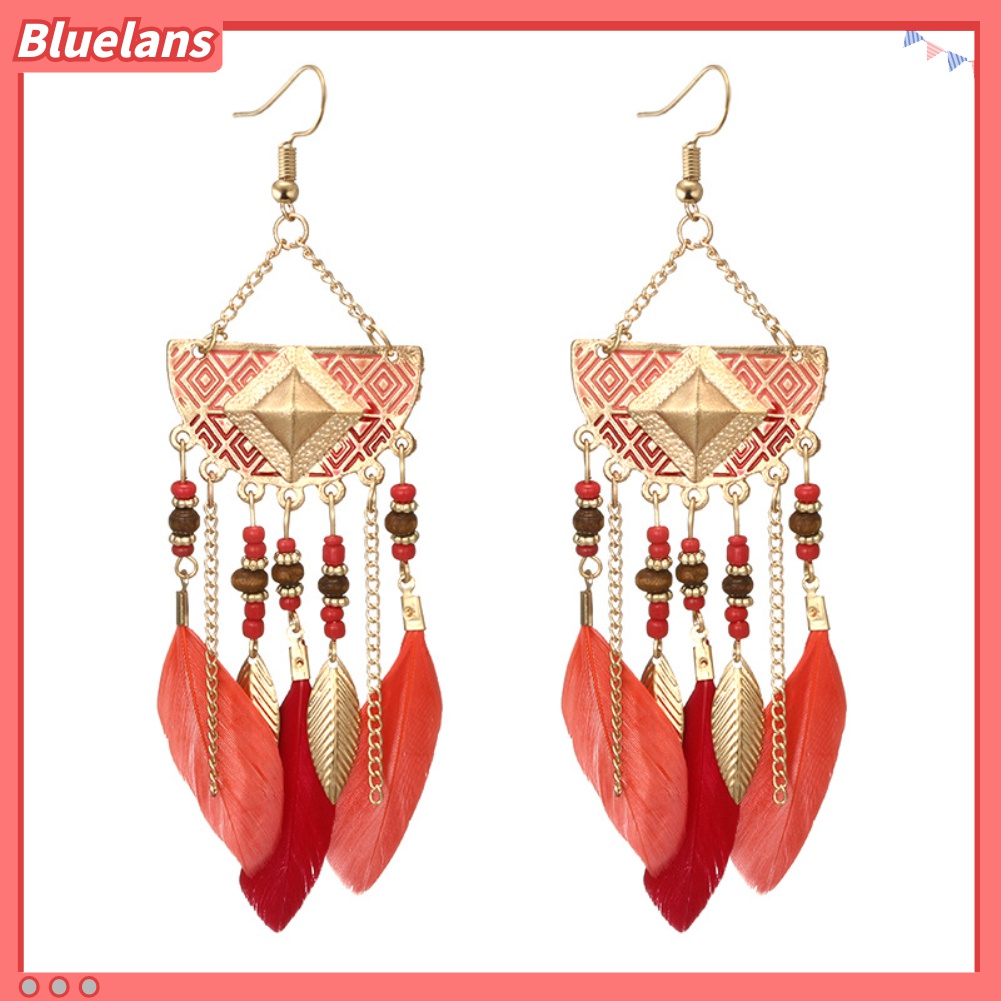 Anting Kait Bentuk Kipas Aksen Manik-Manik Rumbai Bulu Gaya Bohemian Untuk Wanita