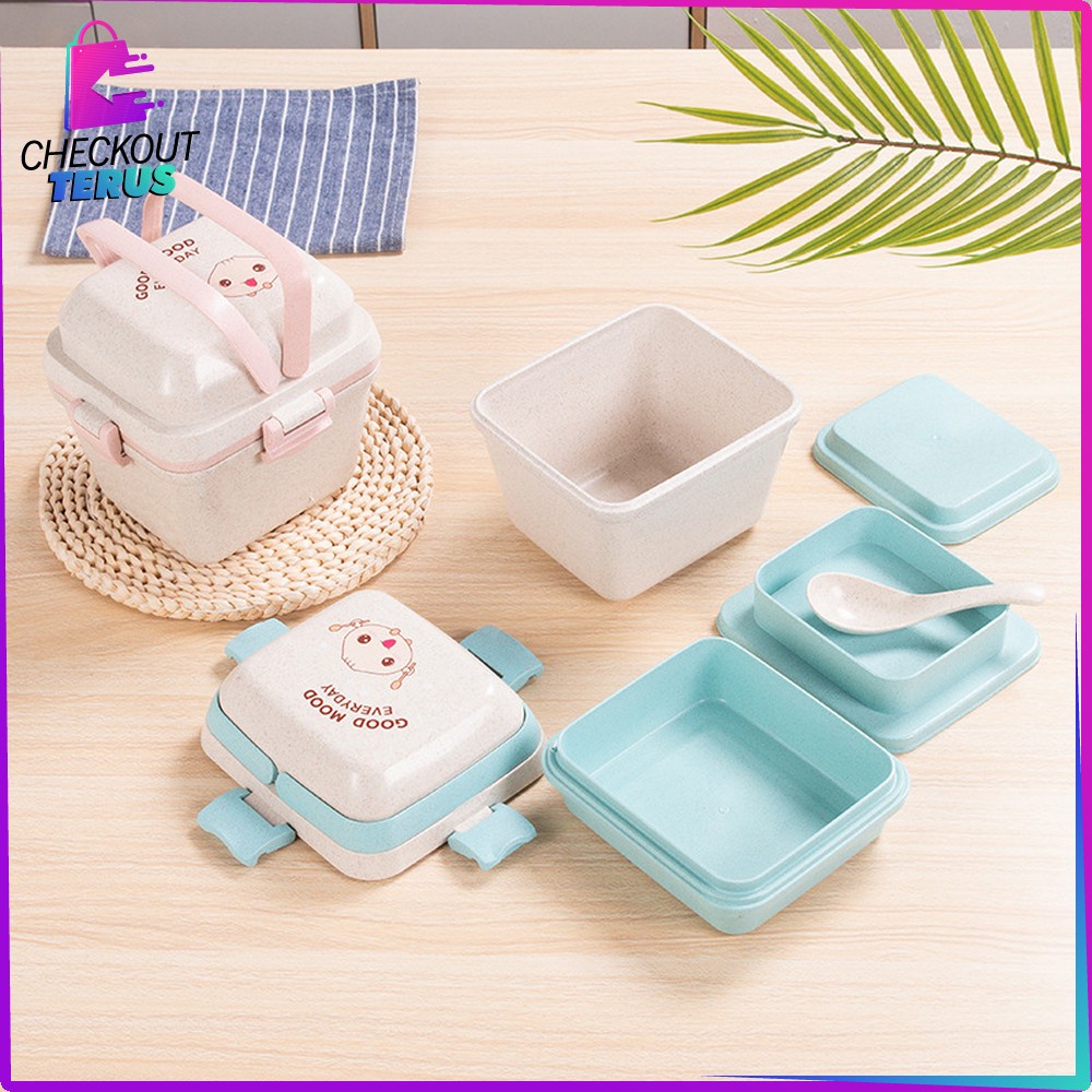 CT C692 Tempat Bekal Bento Set Microwavable Good Mood Everyday Portable BPA FREE Anti Tumpah Free Sendok Bahan PP Jerami Gandum Kotak Makan Lunch Box Set