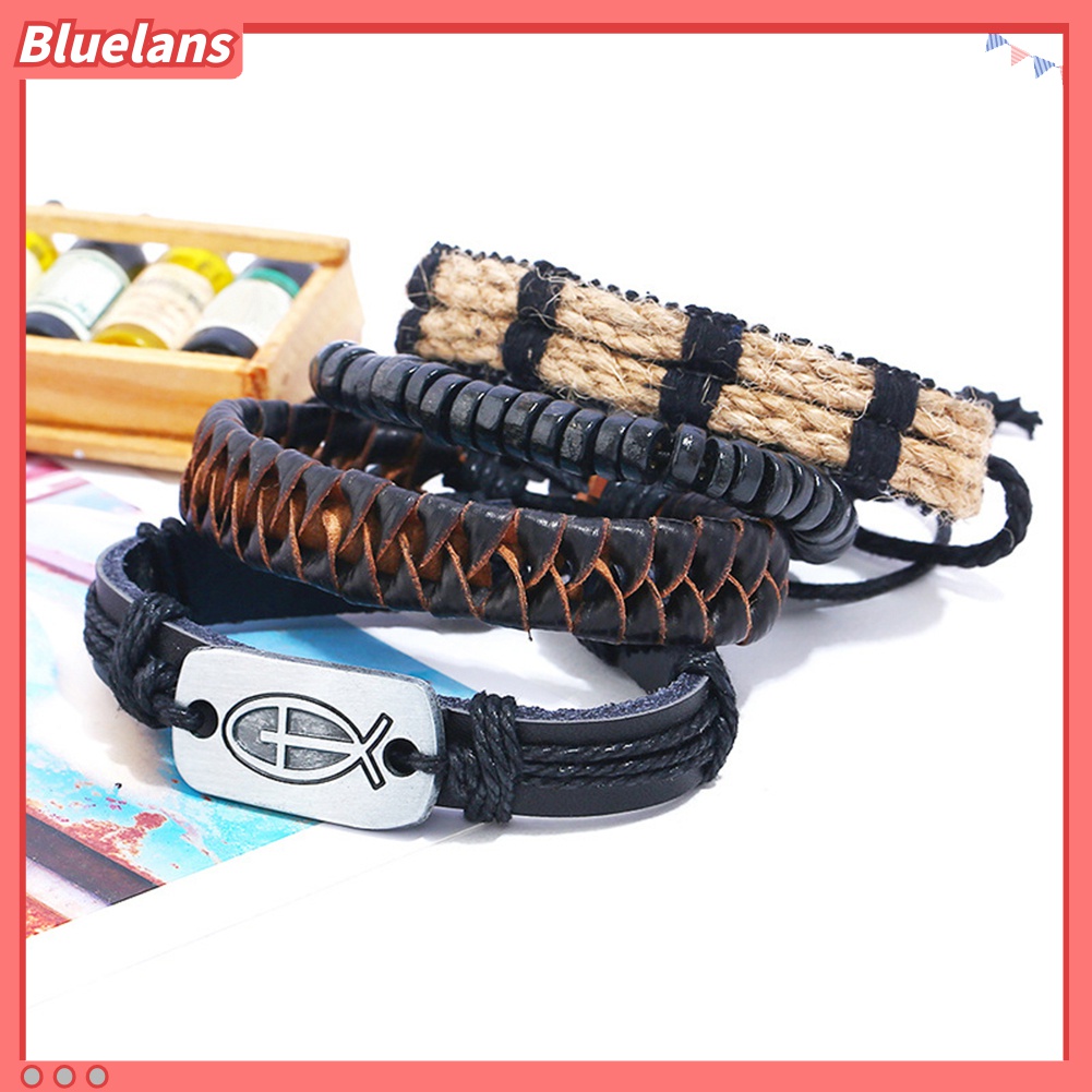 4pcs / Set Gelang Tali Kulit Imitasi Multilayer Adjustable Untuk Pria