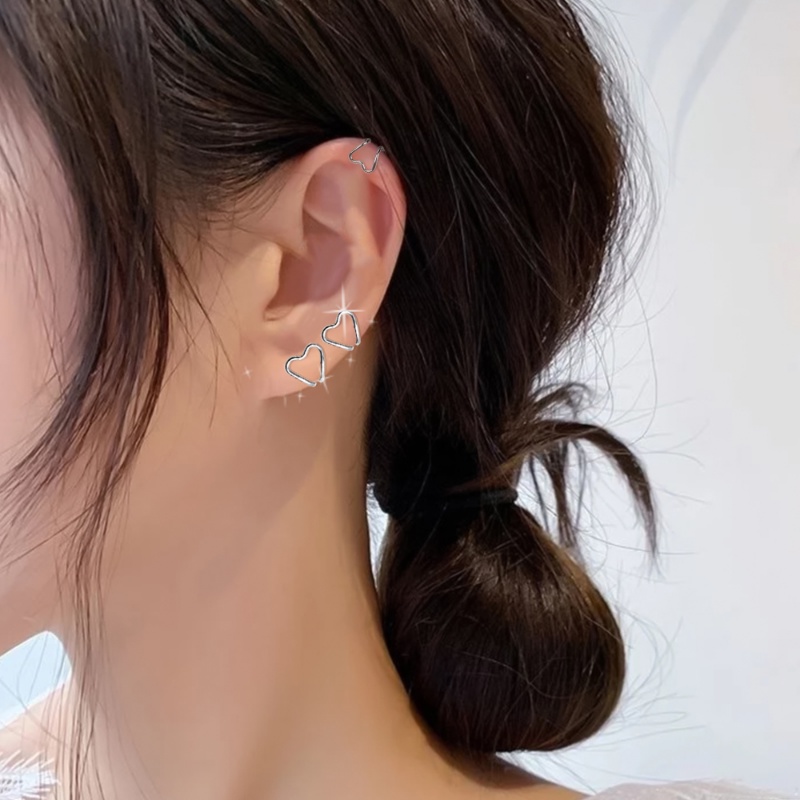 Anting Klip on Tulang Rawan Telinga Model Dua Lapis Bentuk Hati Gaya Korea Minimalis