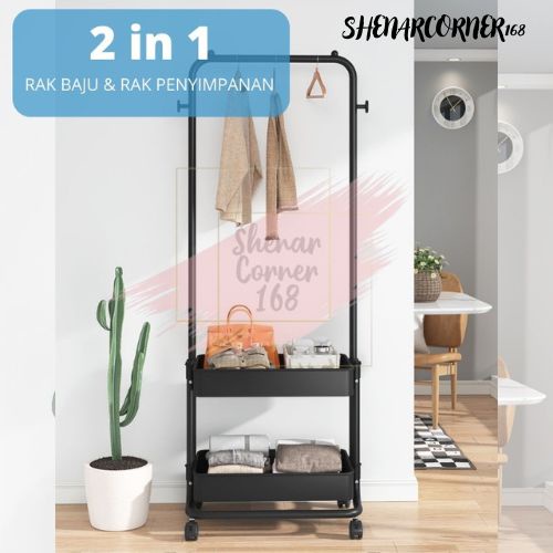 SHENAR RAK GANTUNGAN BAJU TROLI SUSUN / TROLI GANTUNG 2 SUSUN SERBAGUNA / STAND HANGER BAJU / ROLLING STORAGE CART / JEMURAN PORTABLE BAJU / RAK GAWANGAN BAJU CELANA - ALEXA RACK , SHENARCORNER168