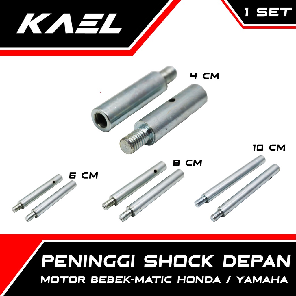 Peninggi Shock Depan Honda 4-6-8-10 cm Sulingan-Suling Sok-Shockbreaker-Shok Matic-Bebek Beat FI-Pop-Street-F1-eSP/Vario 110-125-150/Scoopy Old-New LED/Spacy/Grand/Supra-X-125-Fit-New/Blade/Revo-Absolute/Karisma/Kirana/Mio Sporty-M3-Z/Soul GT/X-Ride