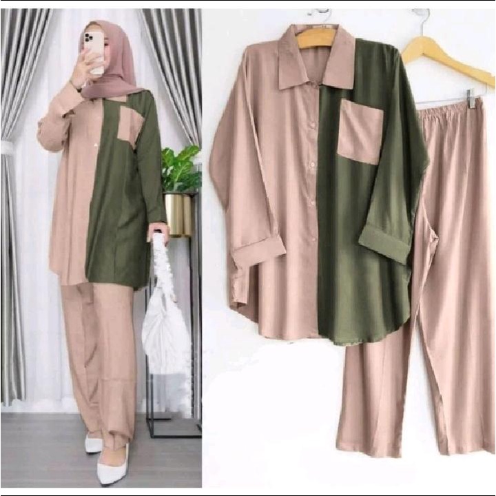 Setelan Basic / Baju Stelan / Basic Daily Set (Baju + Celana) Set Wanita Terbaru // Stelan Kemeja Polos Rayon Kombinasi LATIFA-FASHION006