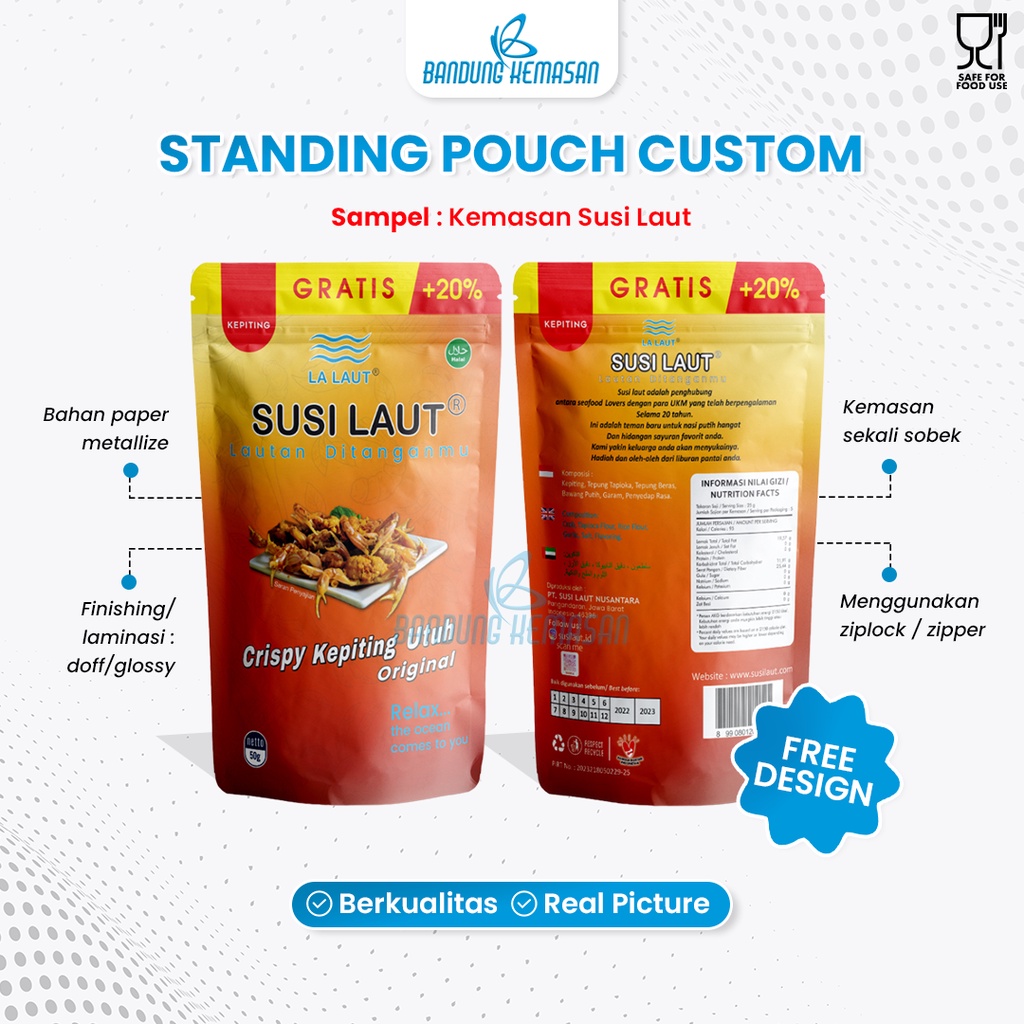 

13 x 20 - Custom Cetak Kemasan Standing Pouch Plastik Makanan Ziplock - Full Printing, Minimal Order 100 Pcs!