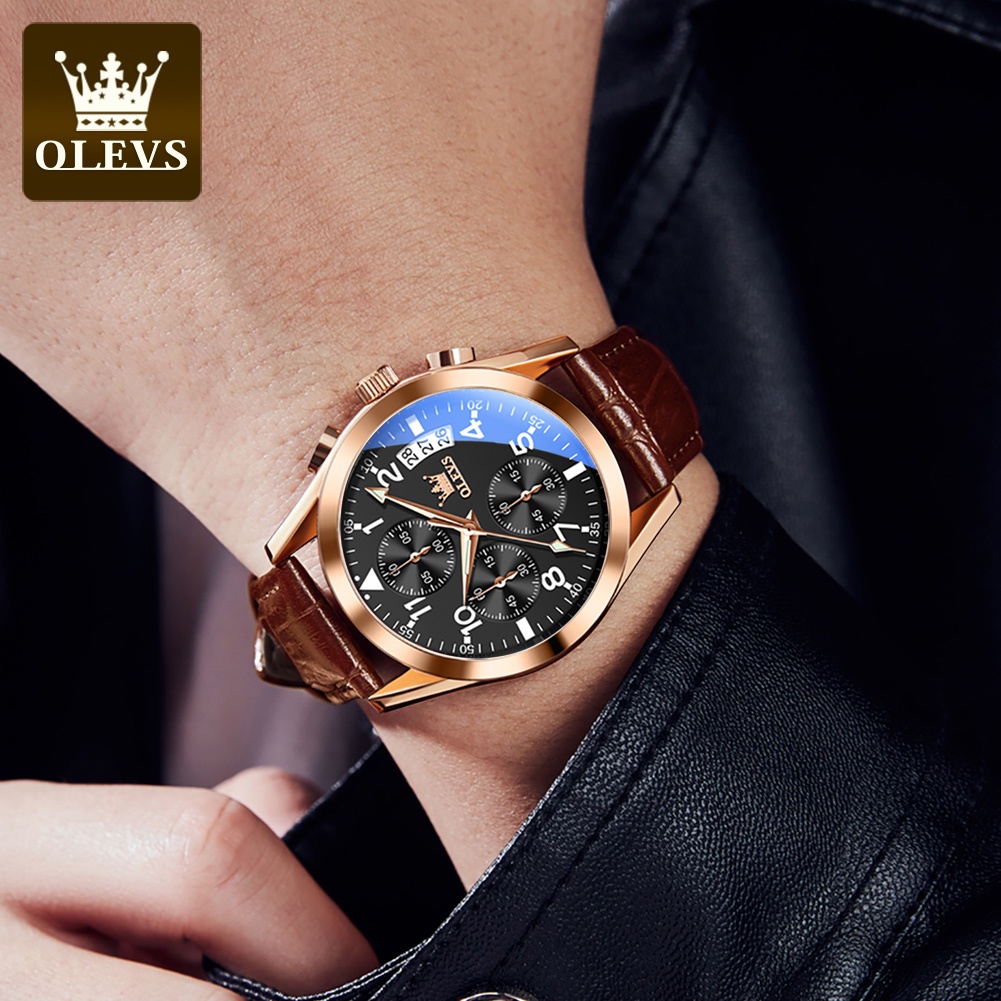 OLEVS Jam Tangan Pria Original Anti Air Kulit Tahan Keren Luminous Hitam Coklat Luxury Chronograph Watch Men Multifungsi