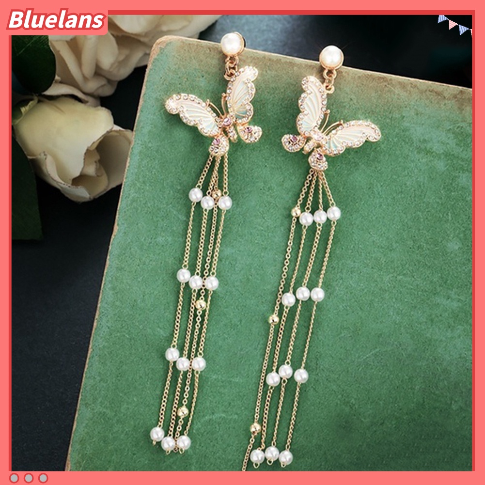 Bluelans Lady Bling Rhinestone Inlaid Butterfly Long Tassel Faux Pearl Drop Stud Earrings