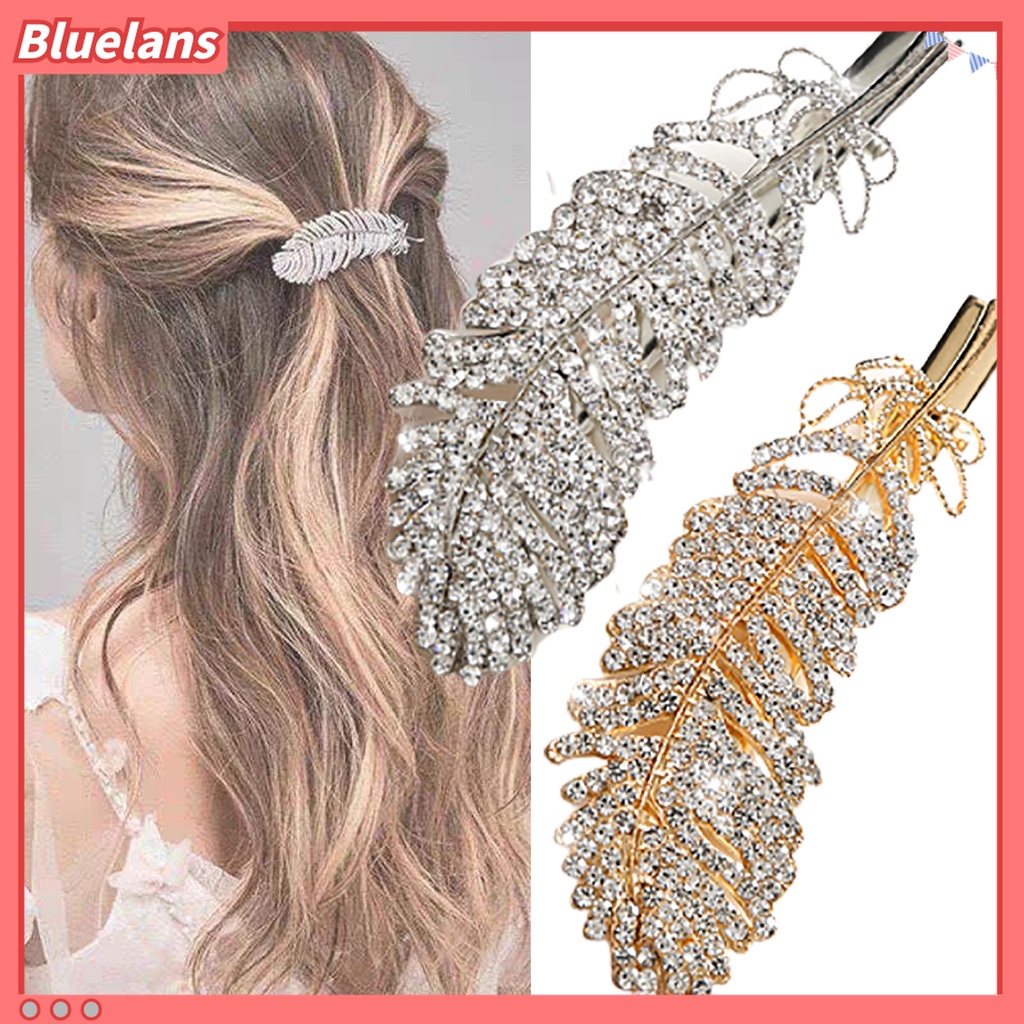 Bluelans Jepit Rambut Bentuk Bulu Aksen Berlian Imitasi Bahan Alloy Untuk Kencan