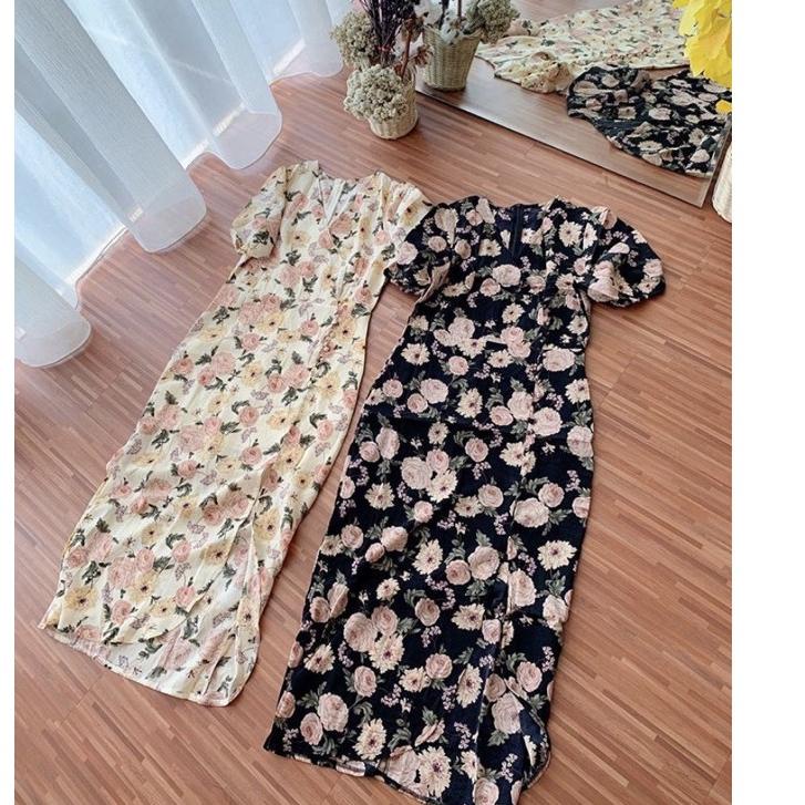 Produk Terbaik--D0339 MERCY KOREAN STYLE FLORAL VINTAGE MIDI DRESS SEXY BUTTON VNECK