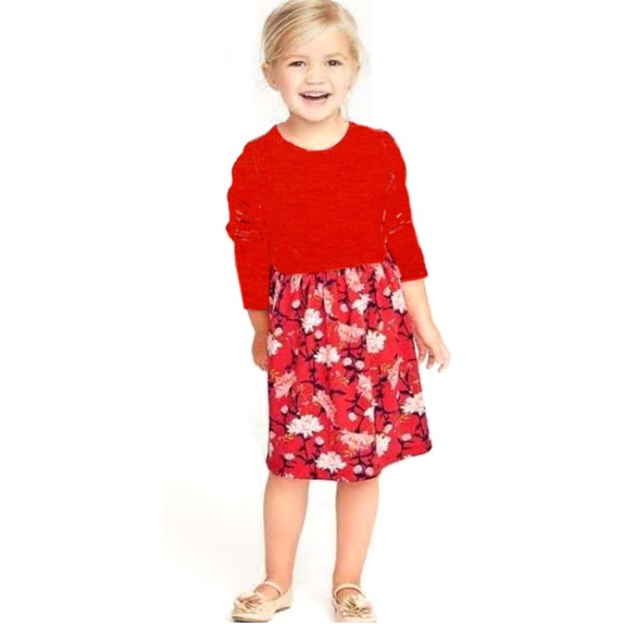 Baju anak dress Old Navy lengan panjang merah floral 3 T
