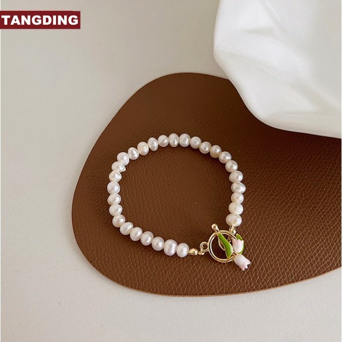 【COD Tangding】Gelang Tangan Rantai Aksen Bunga Tulipmutiara Imitasi Gaya Vintage Untuk Wanita