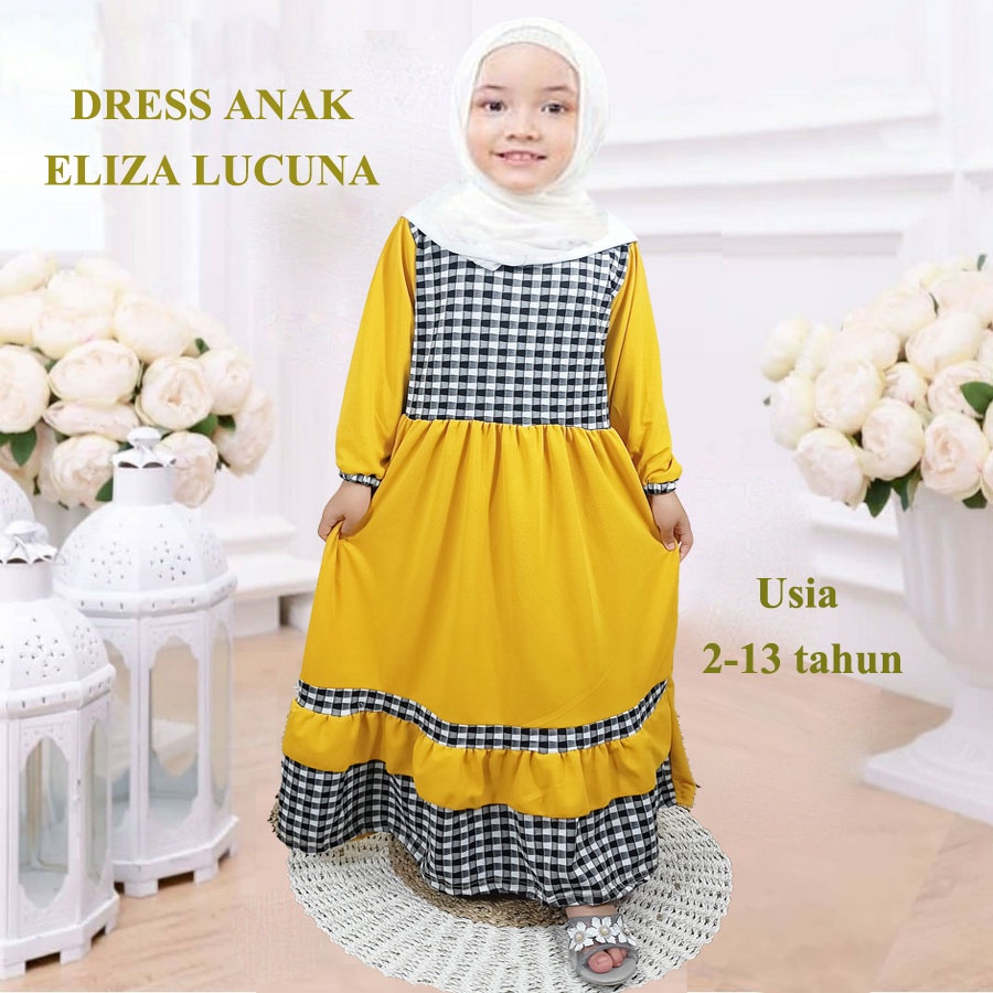 DRESS ELIZA LUCUNA KOMBINASI KOTAK WARNA ANAK 2-13 Tahun CANTIK SOLEHA GL FASHION