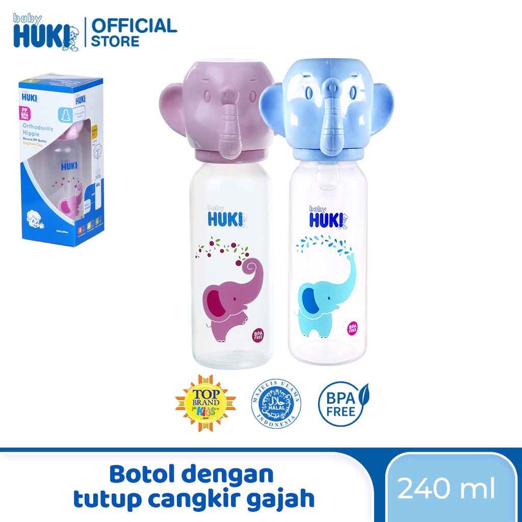 Botol susu Huki baby PP BP 240 ml dot gepeng tutup gajah bpa free