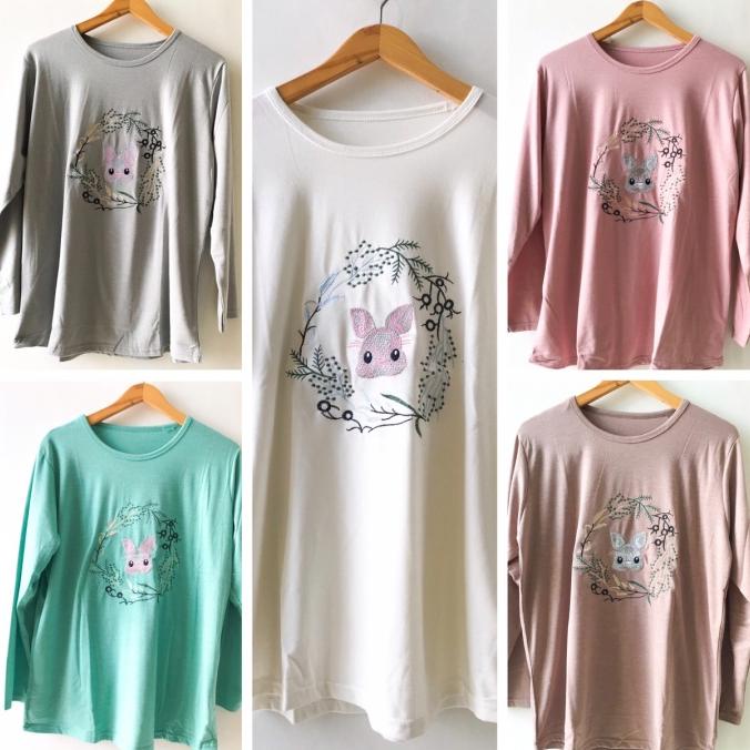 Kaos cewe tangan panjang jumbo XXL wanita muslim fashion bordir kelinc