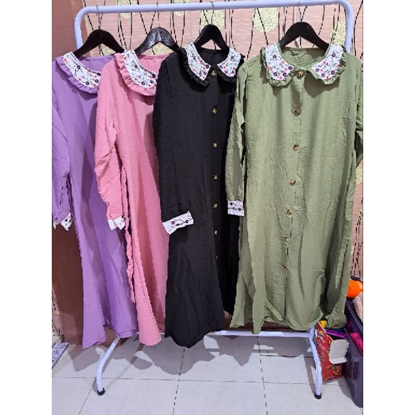 midi dress katun crinkle kerah bunga sulam