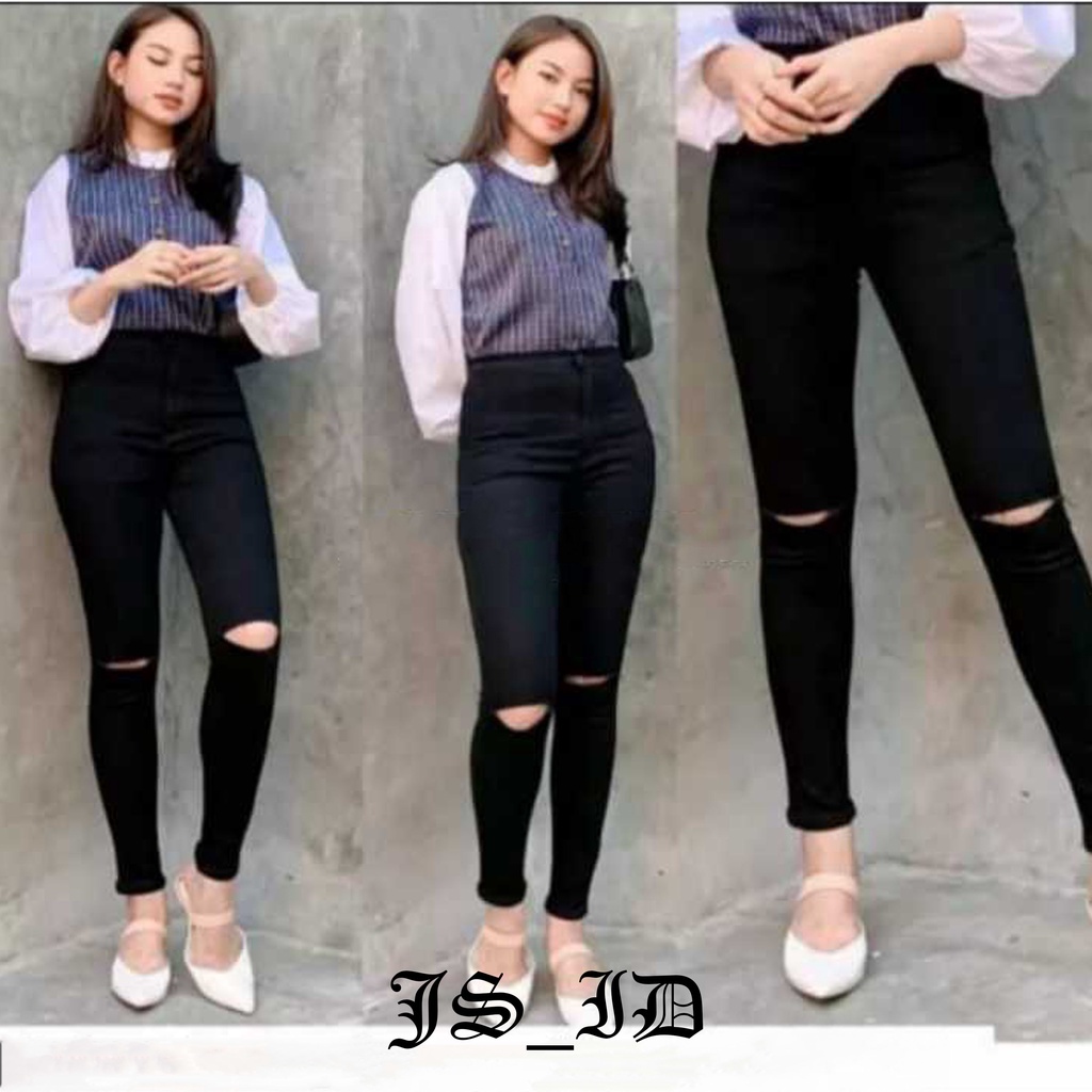 CELANA JEANS RIPPED WANITA SOBEK LUTUT BAHAN MELAR DAN TEBAL