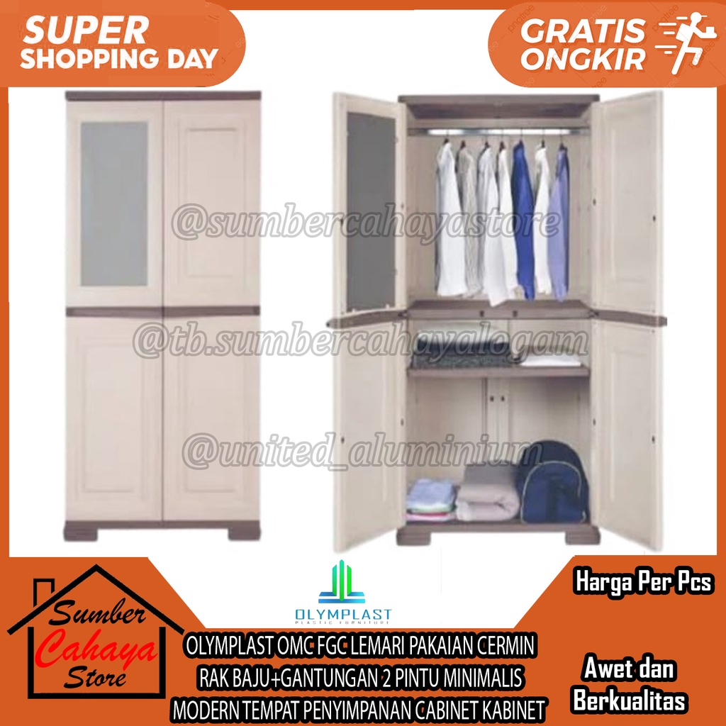 LEMARI PAKAIAN 2 PINTU OLYMPLAST OMC FGC CERMIN KACA RAK BAJU+GANTUNGAN MINIMALIS MODERN TEMPAT PENY