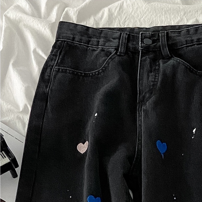 Embroidery love straight celana jeans wanita pinggang tinggi high waist celana korea abg import