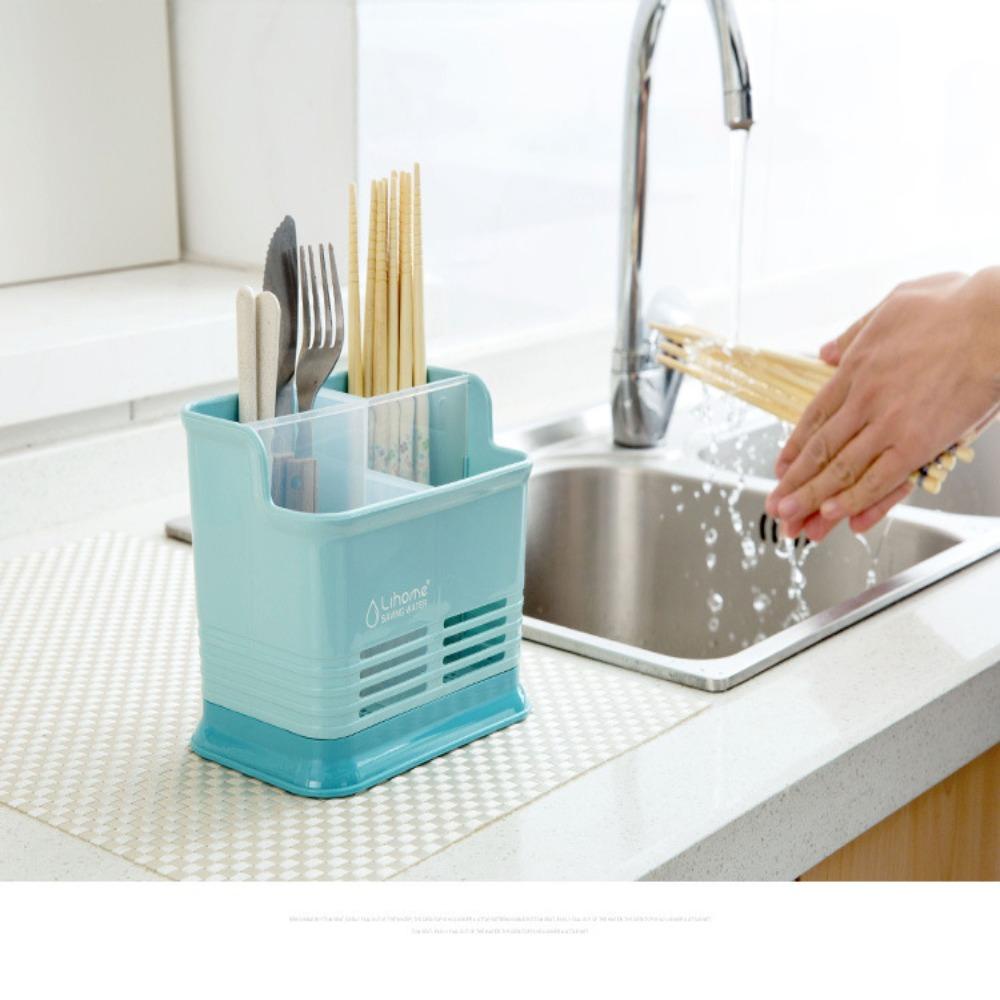 Solighter Tempat Sendok Sumpit Garpu Alat Tulis 4kisi Drain Storage Rack Cookware Organizer Kotak Pulpen Tempat Alat Makan